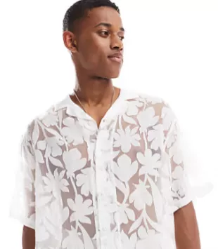 White Sheer Floral Short Sleeve Shirt
