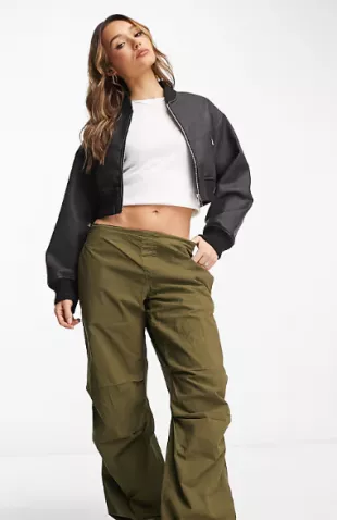 Washed Faux Leather Cropped Bomber Jacket in Black