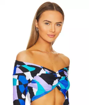 Blue Abstract Print Long Sleeve Off-the-Shoulder Crop Top
