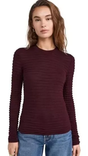 Women's Smocked Crewneck, Wine, Red, L