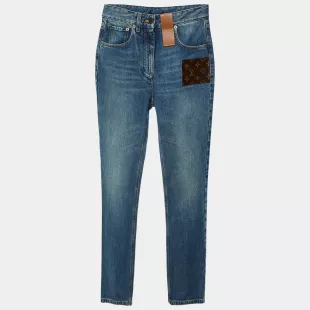 Blue Denim Monogram Patch High Waist Jeans