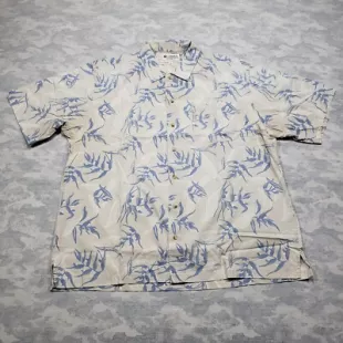 Shirt Mens Large Gray Leaf Print Short Sleeve Button Up Front Pocket