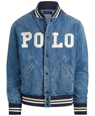 Mens Varsity-Inspired Custom Bear Patch Denim Jacket
