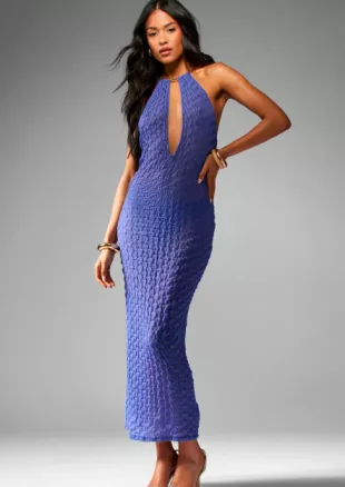Elegant Textured Knit Halter Neck Midaxi Dress Plunge Neckline Cocktail Party Backless Evening Formal Bodycon Gown