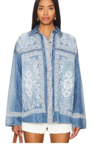 Blue Lace Embroidered Denim Shirt.