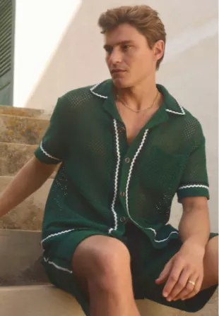 Lucca Dark Green Ché Crochet Contrast Trim Cuban Collar Shirt