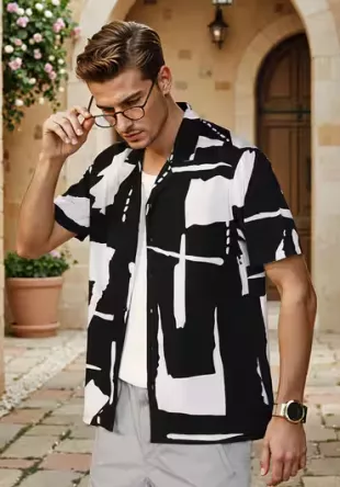 Black/White Printed Short Sleeve Shirt