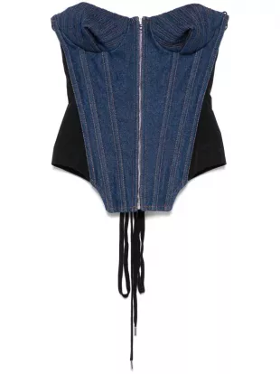 Mesh-trimmed Denim Bustier Top