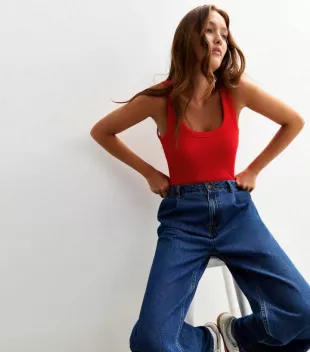 Red Wide Strap Scoop Neck Ribbed Vest