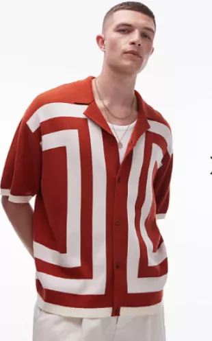 Stripe Panel Knitted Polo in Rust and White