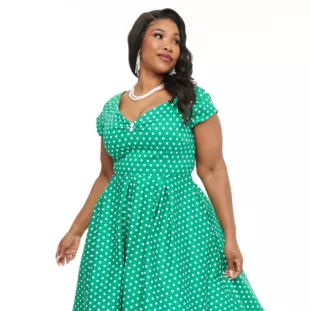 Green & White Polka Dot Off The Shoulder Lily Swing Dress