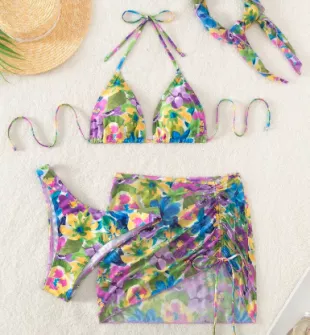 Swim Summer Beach Floral Print Halter Triangle Bikini Set With Beach Skirt & Bandana