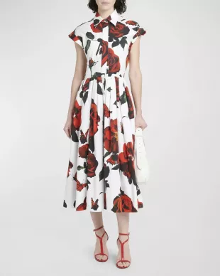 Floral-Print Pleated Cap-Sleeve Midi Shirtdress