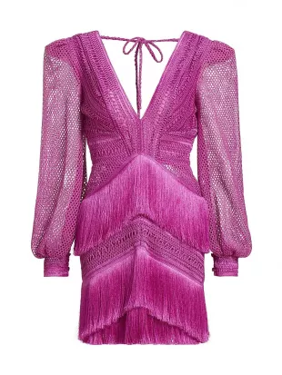 Pink Fringe Long Sleeve Minidress