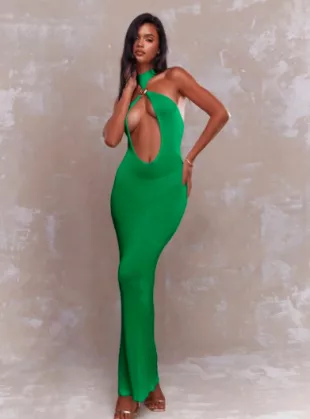 Elegant Irish-Themed Halter Neck Evening Maxi Dress