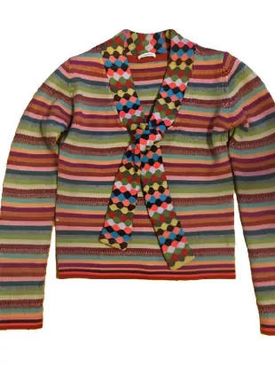 Wednesday S02 Rina Mahoney Tie Neck Striped Sweater