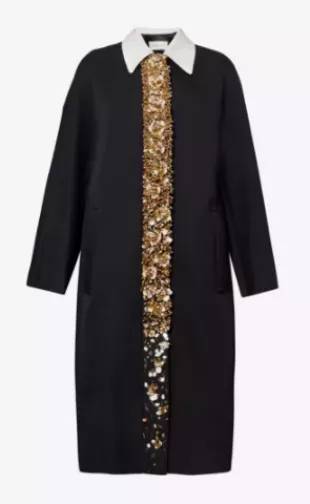 Bead And Sequin Embellished Contrast Collar Single Breasted Woven Coat