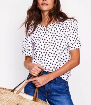 Mila Trim Detail Top-Ivory, French Navy Dot