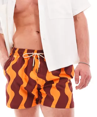 Wave Stripe Printed Swimshort In Ecru