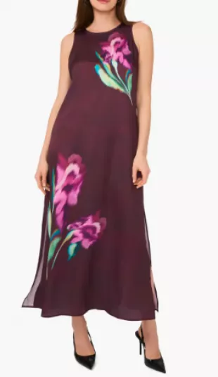 Floral Print Sleeveless Maxi Dress in Grape Wine