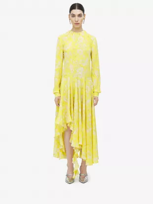 Warped Floral Asymmetric Dress in Yellow