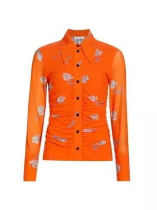 Ruched Floral Print Mesh Shirt