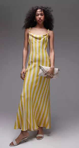Premium Cami Slip Midi Dress with Beaded Strap in Yellow Stripe Print