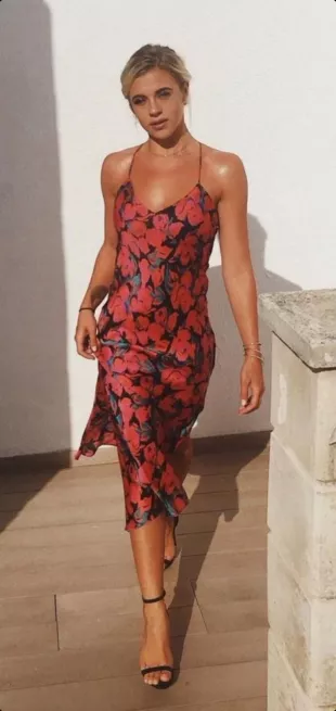 CRed Pink Floral Satin Slip Midi Dress