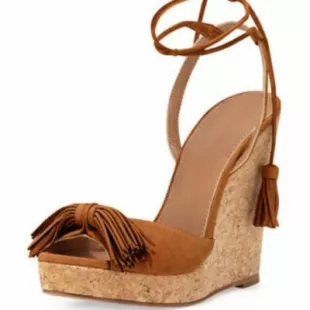 Wedge Sandals Brown Suede Tassel Ankle Wrap