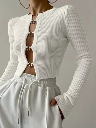Split Beads Detail Ribbed Knit Top