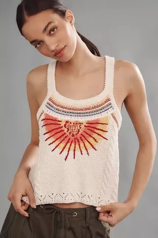 Sunshine Motif Fringed Crop Sweater Tank