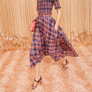 Annette Plaid Asymmetric Midi Skirt in Red