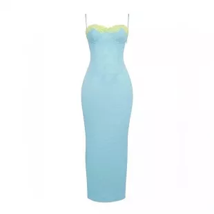 Aiza Ocean Blue Contrast Lace Maxi Dress