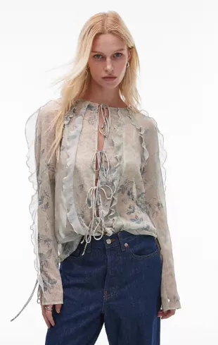 Ruffle Sleeve Sheer Tie Front Top in Blue Lace Floral Print