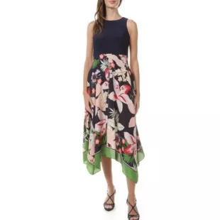 Navy & Green Multicolor Sleeveless Floral Scarf Skirt Dress