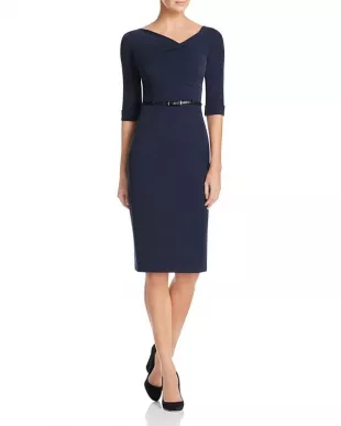 Navy Blue Belted Sheath Midi Dress