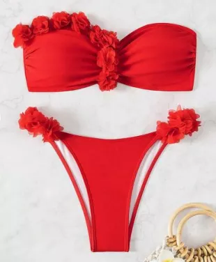 3D Floral Decor Bandeau Sexy Bikini Set