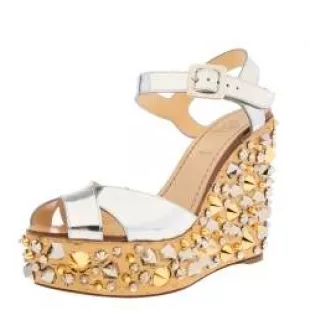 Metallic Silver Leather And Fabric Studded Almeria Cork Wedge Sandals