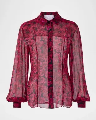 Rose-Print Classic Button-Down Blouse