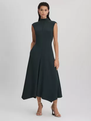 Dark Green Sleeveless Mock Neck Midi Dress
