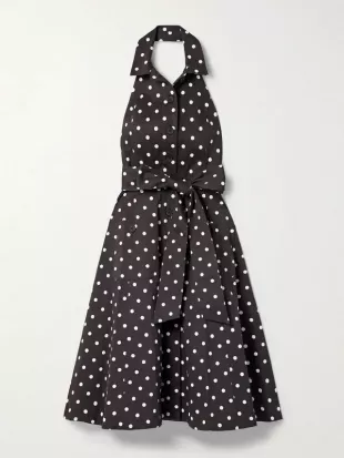 Polka-dot Halterneck Cotton-blend Twill Midi Dress