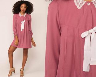 Babydoll Dress LACE COLLAR 80s Mini SHEER Tent Bow Long Sleeve Mauve Pink Pleated 1980s Vintage Trapeze Small Medium