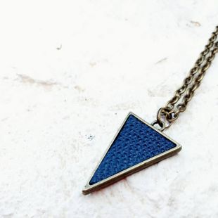 Minimal leather triangle necklace geometrical charm antique bronze dark blue indigo textured repurposed leather