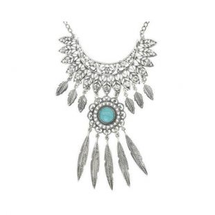 Collier Plastron Style Indien Plume Strass Turquoise
