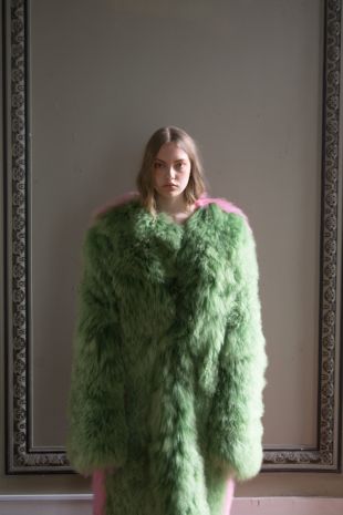 David Ferreira Green and Pink Mongolian Lamb Coat