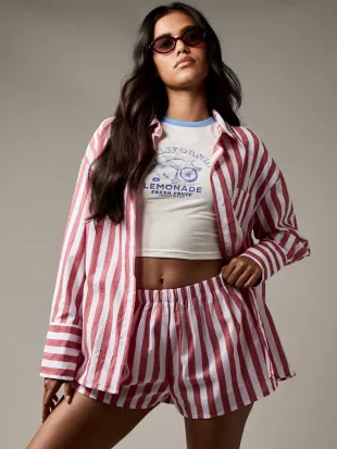 Striped Button Down Shirt And Elastic Waist Shorts Coord