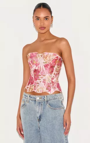 Pink Textured Sheer Floral Lace Corset