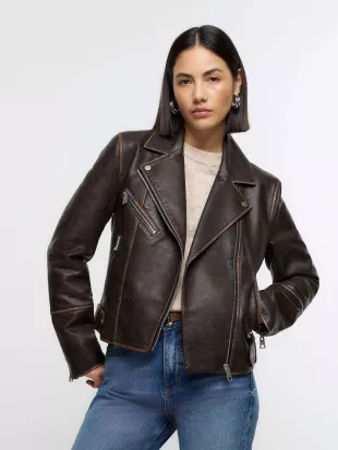 Brown Faux Leather Distressed Biker Jacket