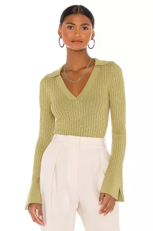 Green Ribbed Knit Long Sleeve Polo Top