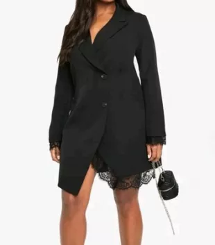 Boohoo Women's Black Blazer Dress Lace Details Long Sleeve Button Front